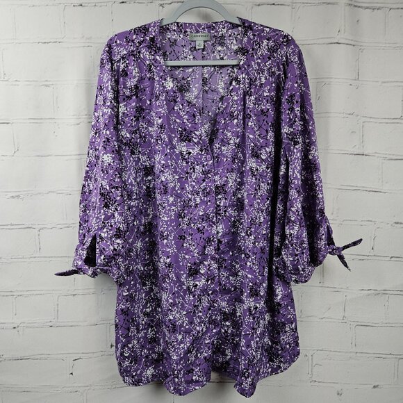 Catherines Purple Floral Blouse Shirt Top Womens 3X Plus 3/4 Sleeve Pretty - Picture 1 of 12